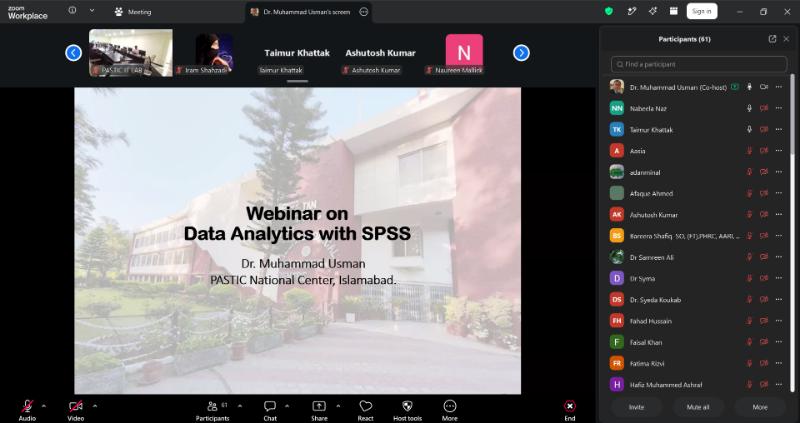 PASTIC hybrid webinar title slide: Data Analytics with SPSS, presented by Dr. Muhammad Usman, PASTIC National Center, Islamabad