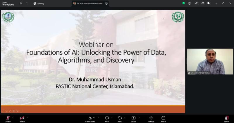 PASTIC webinar title slide: Foundations of AI - Unlocking the Power of Data, Algorithms, and Discovery, presented by Dr. Muhammad Usman, PASTIC National Center, Islamabad